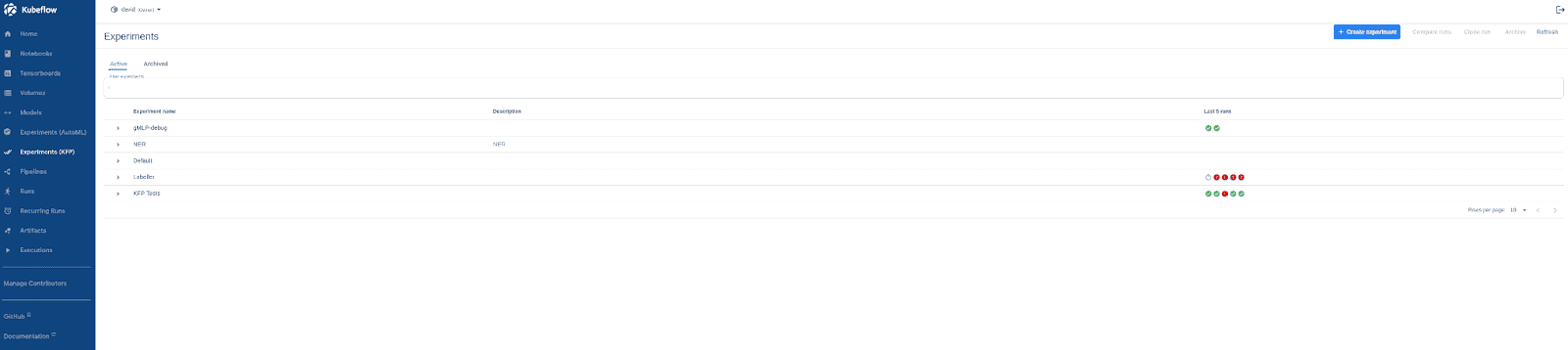 Kubeflow experiments page 