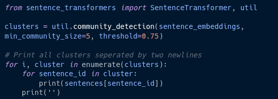 Sentence clustering using the community detection algorithm of sentence_transformers 