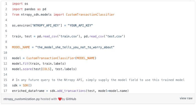 Code 1. The minimal code needed to train and evaluate a custom Ntropy model 