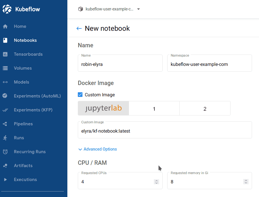 Setting up a notebook on KubeFlow with Elyra’s docker image 